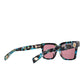 Overhead view of pink-lens sunglasses with chain compatibility

