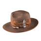 Front view of the FBS x SOMA hat showcasing its sculpted crown, crystal cluster detailing, and rich earthy tone. Crafted from Australian wool felt with a wide brim silhouette.

