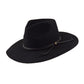 Front angle view of the Edison Rancher hat in black, featuring a flat wide brim and a leather rope band with metal detailing. Crafted from 100% Australian wool felt with timeless unisex style.

