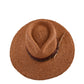 Top-down view of the woven straw hat showcasing its smooth crown, inner band, and feather-tucked ribbon. Lightweight and breathable for everyday wear.

