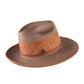 Side profile of the healing felt hat showing the wide brim, tonal ribbon band, and vintage-washed finish. Crystals and sandalwood detailing visible at the band.


