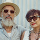 Two older models wearing Fallenbrokenstreet sunglasses, including The Mischief – Skywalker/Amber, styled in coordinated neutral tones.

